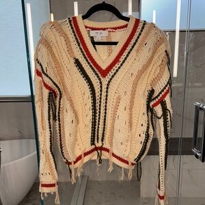 Unique V-Neck Knit Sweater with Yarn Fray Detailing